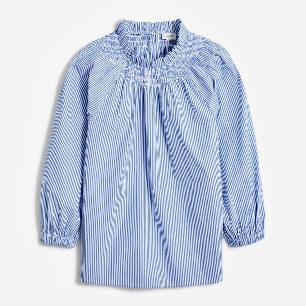 J. Crew Factory Smocked-Neck Blouse Blue White Striped Size Small Cotton Poplin